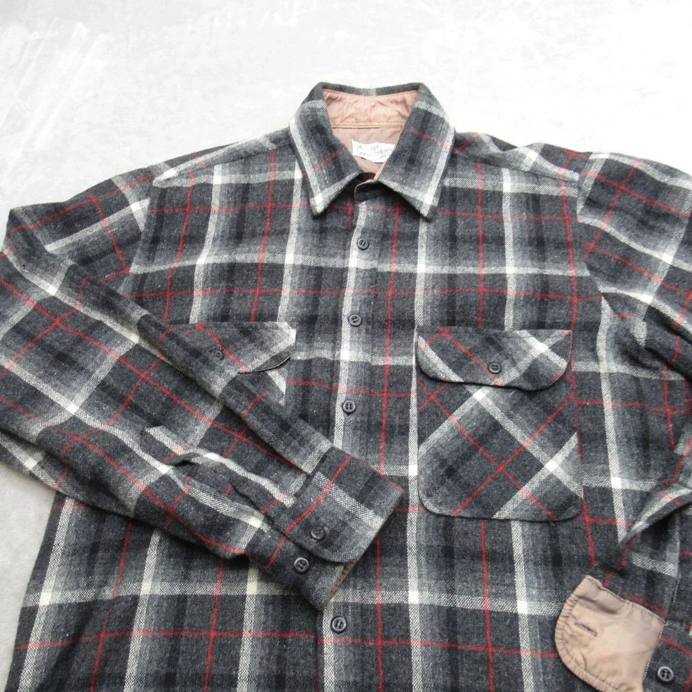 Sears Roebuck Shirt Mens Medium Gray Plaid Red Stripe Button‎ Wool Blend VTG 70s